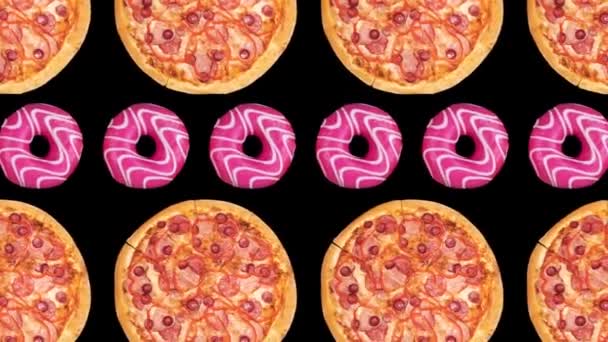 Trendy Food Background Animation Flying Many Pizzas Donuts High Quality — Stock Video
