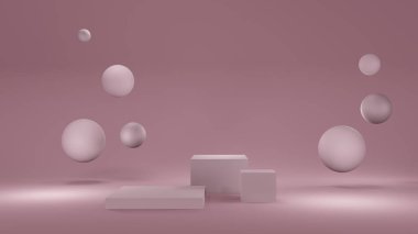 Kozmetik, kremler, losyonlar için podyumlu pastel pembe maket. Pembe ve beyaz yuvarlak sahne, kaide veya podyum ve su ve cam kabarcıklar veya küreler. Arkaplan reklamı. Arkaplan ya da maket