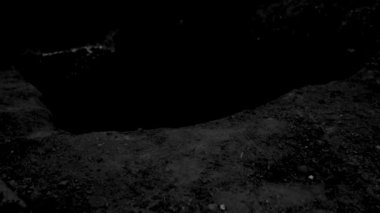 Çukurdan çıkmış ölü bir adamın elleri. Siyah beyaz korkunç video. Cadılar Bayramı. Yüksek kalite 4k görüntü