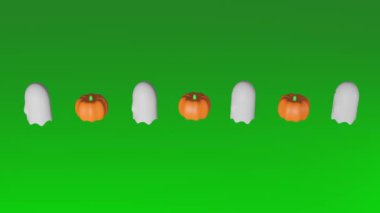 Cadılar Bayramı hayaletlerinin ve balkabaklarının yeşil bir krom anahtar arka planda dönen birçok çizgi filminin animasyonu veya 3 boyutlu canlandırması. Yüksek kalite 4k görüntü