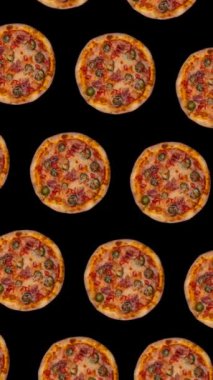 Moda taşınan yiyecek arka planında siyah arka planda birçok pizza uçuşunun animasyonu. Yüksek kaliteli HD görüntüler