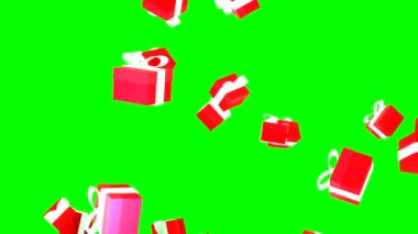 3d birçok düşen kırmızı hediye kutusunu beyaz fiyonklarla birlikte yeşil renk arka planına yerleştirmek için tepeden tırnağa düşür. Yüksek kalite 4k görüntü