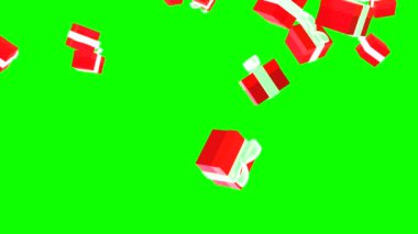 3d birçok düşen kırmızı hediye kutusunu beyaz fiyonklarla birlikte yeşil renk arka planına yerleştirmek için tepeden tırnağa düşür. Yüksek kalite 4k görüntü