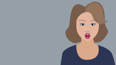 Dudak senkronizasyonu, hikaye anlatmak için yüz animasyonu. Kadın karakter şöyle der: düz bir şekilde döngüye sokulmuş animasyon çerçeveleri. Ağız ve dudakların yüz ifadeleri, gri bir arka planda eklem...