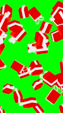 3d birçok düşen kırmızı hediye kutusunu beyaz fiyonklarla birlikte yeşil renk arka planına yerleştirmek için tepeden tırnağa düşür. Yüksek kalite 4k görüntü