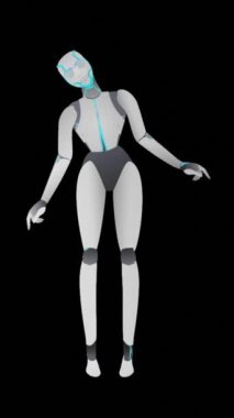 Kameraya bakan ve siyah arka planda sallanan insansı robot bir kadının animasyonu ya da bilgisayar grafikleri. Yapay zeka konsepti. Yüksek kalite 4k görüntü