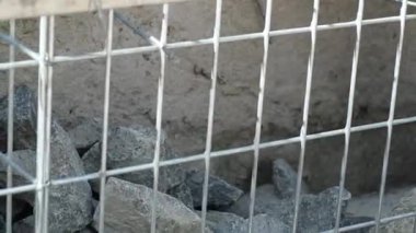 Gabion çitlere taş yerleştirme, muhafaza etme ya da istinat duvarı kurma işlemi. Yüksek kalite 4k görüntü