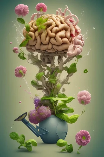 abstract background with human brain and flowers