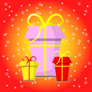 Renkli hediye kutusu mutlu noeller kavramını kutluyor. Kar yağışı kırmızı arka plan