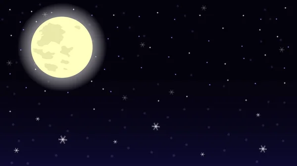真夜中の冬の降雪と空のベクトル背景の満月と星 — ストックベクタ