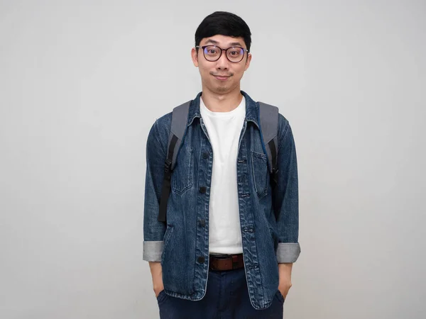 Bonito Homem Jeans Camisa Usar Óculos Sorriso Suave Empurrar Mãos — Fotografia de Stock