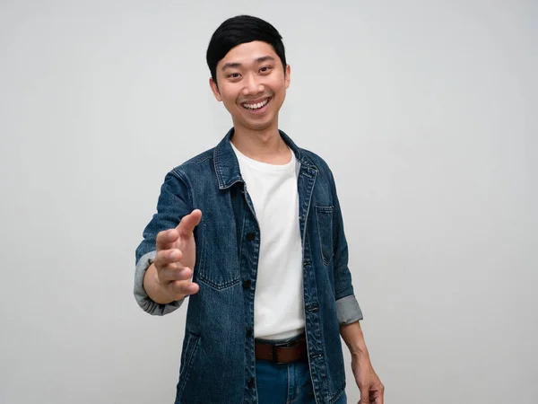 Positivo Asiático Hombre Feliz Sonrisa Jeans Camisa Gesto Mano Agitar —  Fotos de Stock