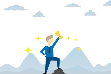 Vektör işadamı, büyüme grafiği konseptiyle başarılı bir başarı hedefi hakkında ödül gösteriyor