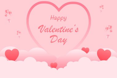 Bulut aşığı pembe arka planlı gökyüzünde serbest vektör balonu kalbi