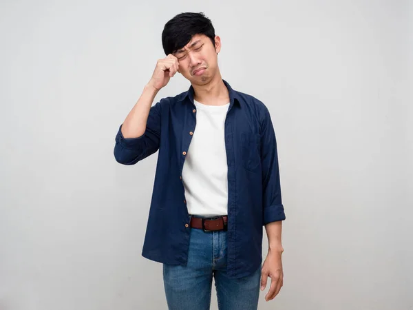 Asian man standing feels lonely and depressed gesture cry isolated