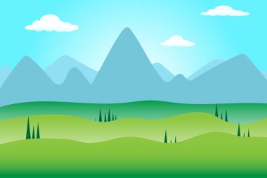 Çizgi film vektör illüstrasyon çayırı ve dağ günbatımı, tepeli mavi gökyüzü ve doğa manzaralı çeltik tarlası.