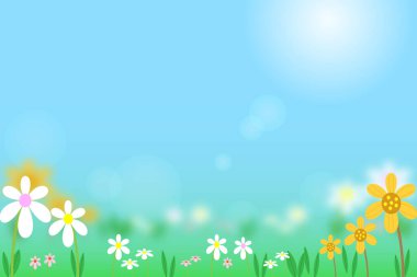 Vector illustration beautiful flowers with meadow and mountain background bokeh and flare sunlight