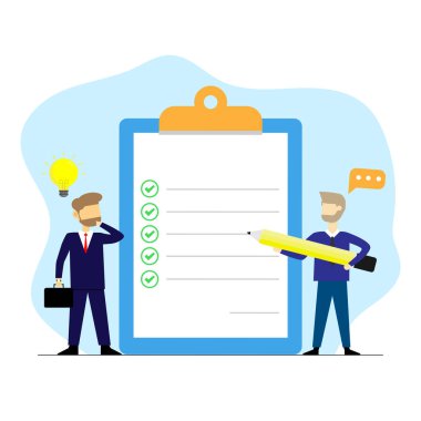 Vector concept businessman stand thinking with working checklist,Flat character man with goal business checklist