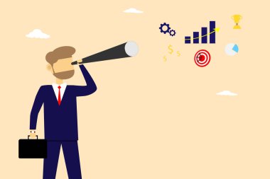 Vector concept businessman looking at goal target success by binoculars,Investment strategy growth graph business with reward trophy