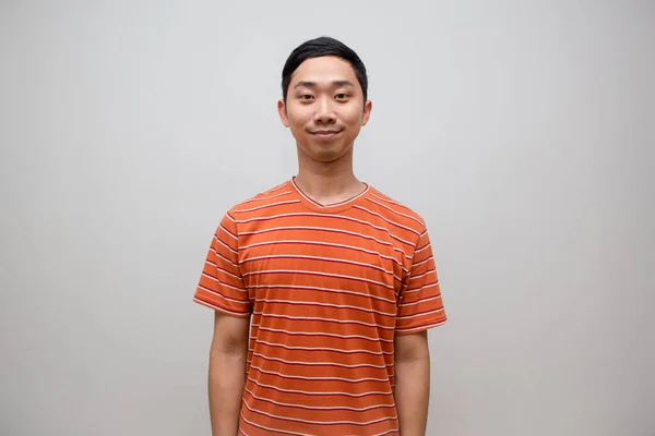 Позитивный Азиатский Мужчина Полосатый Рубашку Счастье Улыбка Изолированы — стоковое фото