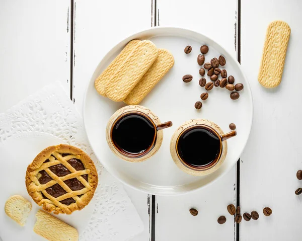 Kaffee Mit Coockie Süßes Morgenbüfett Mit Kopierplatz Für Speisekarte Weißer — Stockfoto