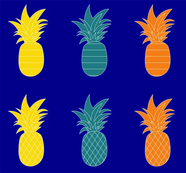 一组不同样式的菠萝 六颗奇异的果实 背景是蓝色的 夏季病媒图解 — 图库矢量图片