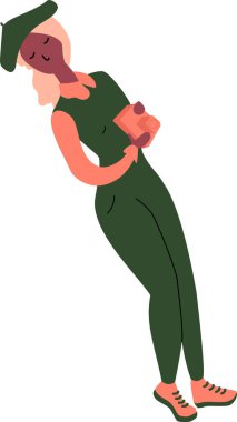 Kameralı kadınlar. Düz vektör çizimi beyaza izole edildi. Yeşil elbiseli kız.