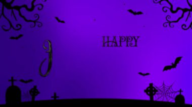 Siyah yarasalar mezarlık örümcek ağları ve Cadılar Bayramı temalı davetiyeler ve dekorasyonlar için uygun ürkütücü bir selamlama ile siyah mutlu cadılar bayramı metin animasyon arka planı