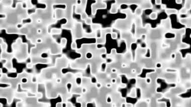 Yüksek kontrastlı siyah beyaz ve gri soyut desenler kamuflaj ya da sıvı şekilleri andırıyor.