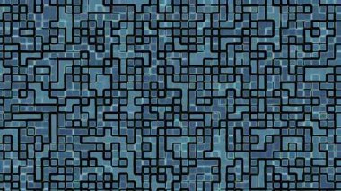 Mavi ve siyah geometrik şekillere sahip karmaşık dijital labirent gibi ileri teknoloji tasarımı sunuyor.