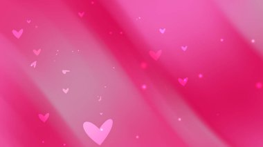 Pembe arka plan, dağınık kalpler yumuşak ışık parlıyor.