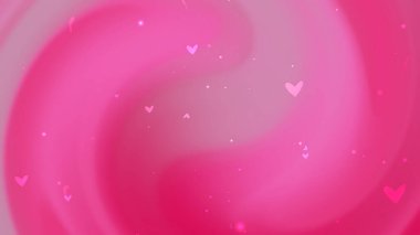 Pembe kıvrımlı arka planda küçük kalpler dağınık.