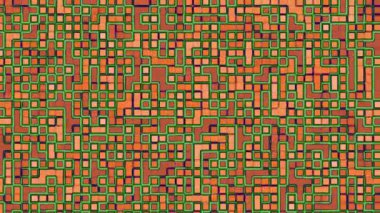 Yeşil çizgiler ve turuncu arkaplan içeren soyut desenler gibi canlı labirentler modern tasarımlar veya dinamik arka planlar için mükemmel.