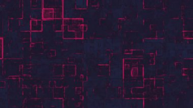 Koyu mavi ve kırmızı neon karelerin yer aldığı dijital tasarım parlak kenarları ve soyut ızgara unsurları teknolojik olay teması posterleri veya modern tasarım projeleri için mükemmeldir.