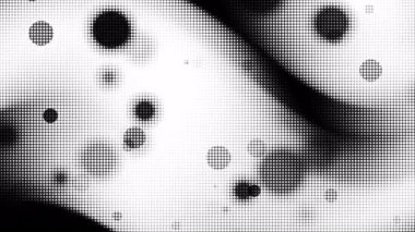 Siyah beyaz yarım ton noktalar, dinamik eğriler ve arka plan baskısı tekstil ve soyut tasarım projeleri için uygun daireler oluşturur.