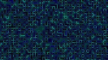 Fütürist geometrik şebeke tasarımına sahip mavi ve cyan neon parlak labirent desenli sanal gerçeklik etkinlikleri, yeni yıl kutlamaları ve modern grafik arka planlar için mükemmel.