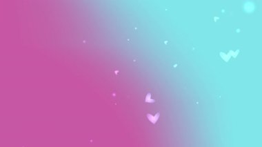 Yüzen kalp şekilleri ve parıldayan parçacıklar ile romantik pembe ve mavi pastel arka plan Sevgililer Günü düğün aşk temaları veya sevimli kadın sosyal medya tasarımları için idealdir