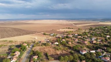 Beautiful aerial panoramic view of autumn countryside landscape. Agricultural fields near Karnobat, Bulgaria