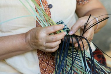 Taylandlı bir kadının eli bambudan bir sepet örüyor. İnsanlar bambudan geleneksel bir sepet örüyorlar.