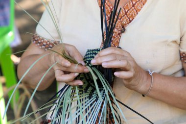 Taylandlı bir kadının eli bambudan bir sepet örüyor. İnsanlar bambudan geleneksel bir sepet örüyorlar.