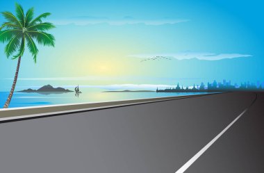 Palmiyeleri ve palmiyeleri olan sahil yolu, vektör illüstrasyonu