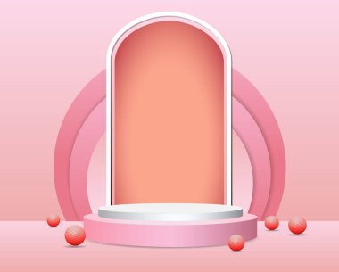 Pembe ve mor yuvarlak podyumun soyut arkaplanlı 3D çizimi. Minimum konsept. Pankart ve poster tasarımı