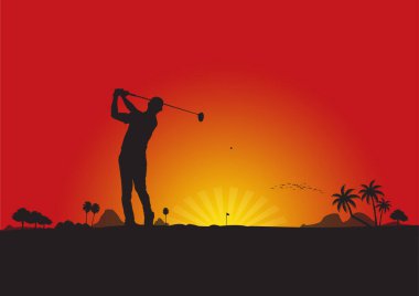 silhouette man on golf club on a bright sunset background. vector. clipart