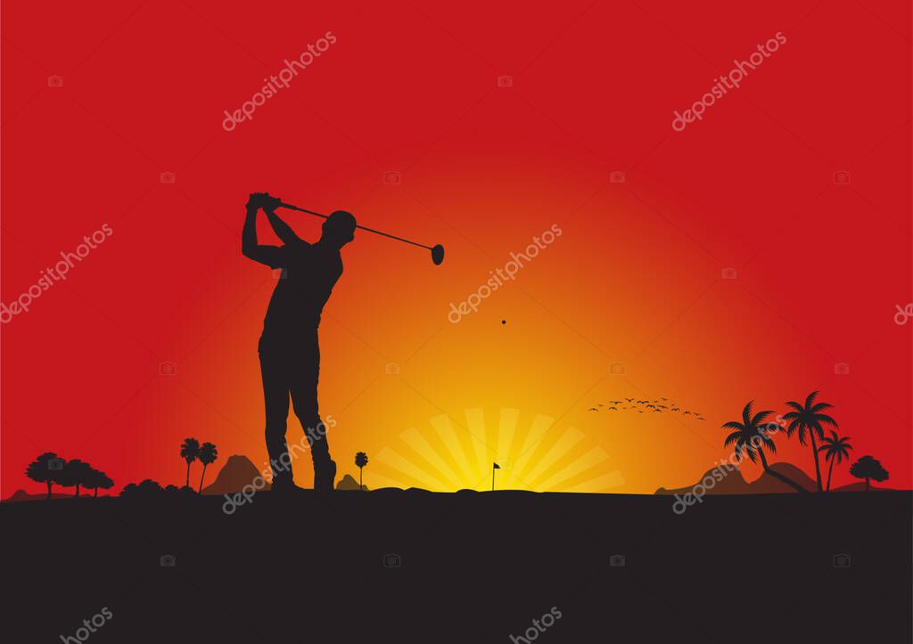 Silhouette man on golf club on a bright sunset background. vector.