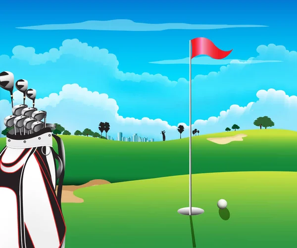 フィールドに旗と緑の木があるゴルフボール 3Dイラスト — ストックベクタ
