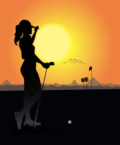 Illustration Golf Player Ball Beautiful Summer Evening — Stock Vector