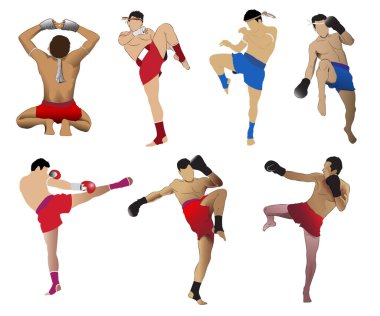 Vektör illüstrasyonları Muay Thai 'nin bir dizi özelliğini içerir.