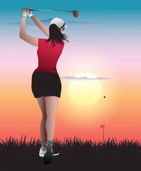 Kvinnlig Golfare Spelar Det Sista Hålet Kvällen — Stock vektor