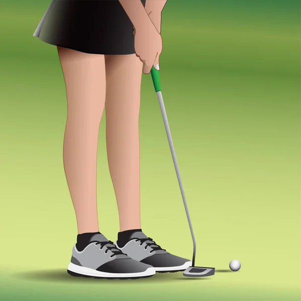 一个女高尔夫球手把高尔夫球打进洞中的矢量图 — 图库矢量图片