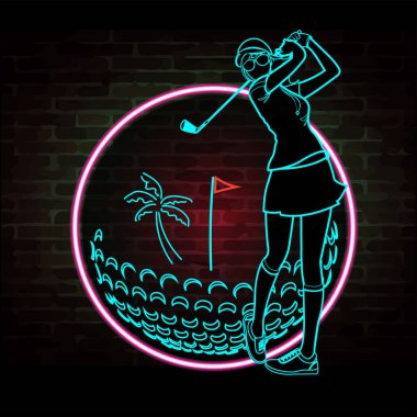 Neon ışıkları şeklinde kadın golfçünün vektör illüstrasyonu.